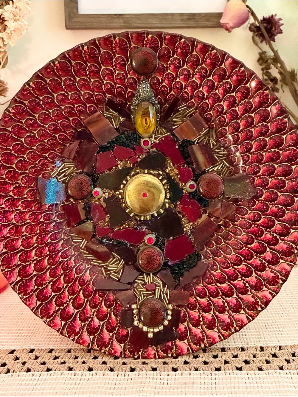 Handcrafted Decorative Red and Gold Mosaic Wall Plate